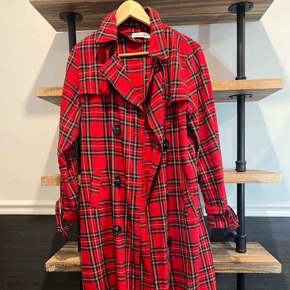 Red Plaid Trench Jacket for Holidays